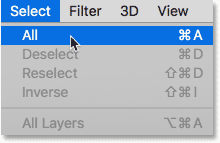 اختيار أمر تحديد الكل في Photoshop.