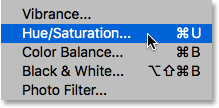 Selecting a Hue/Saturation image adjustment.