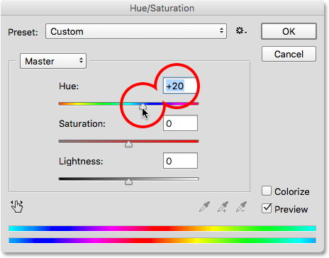 Ziehen Sie den Schieberegler Farbton, um die Farben im Lens Flare anzupassen.