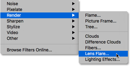 A Lens Flare szűrő kiválasztása a Photoshopban.