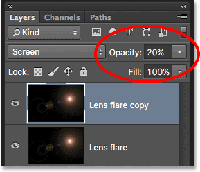 Lens flare copy layer の不透明度を下げます。