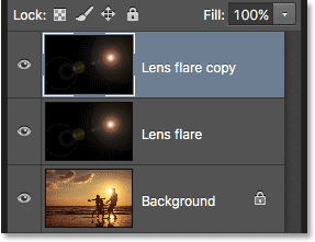 Panelen Layers visar det nya lagret Lens flare copy.