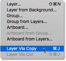 Selecionando o comando New Layer Via Copy a partir do menu Layer.