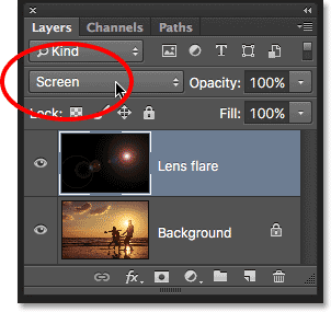 تغيير وضع المزج لطبقة Lens Flare إلى Screen في Photoshop. 