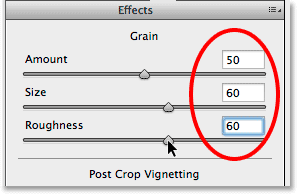 The Amount, Size and Roughness sliders for the Grain effect.com