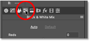 فتح علامة تبويب لوحة Black & White Mix في مرشح Camera Raw