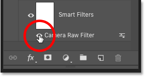 Clicking the visibility icon for the Camera Raw Filter in Photoshop's Layers panel