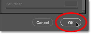 Clicking the OK button to close Photoshop's Camera Raw Filter