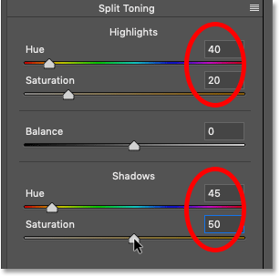 Le impostazioni del pannello Splt Tone nel filtro Camera Raw di Photoshop's Camera Raw Filter