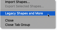 Loading the Legacy Shapes and More from the Shapes panel menu in Photoshop