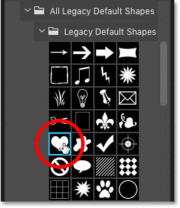 Choosing a shape in the Shapes panel in Photoshop CC 2020