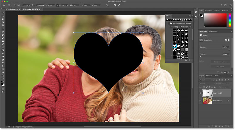 The initial shape appears in front of the image in the Photoshop document