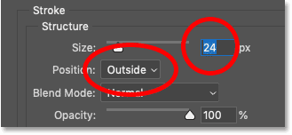 Settiing the Position and Size options for the stroke around the shape in Photoshop