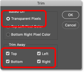 The Trim dialog box in Photoshop