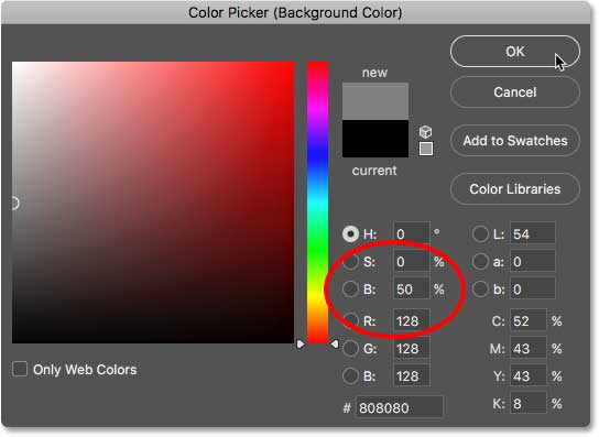 ضبط لون الخلفية على 50 بالمائة رمادي في Color Picker