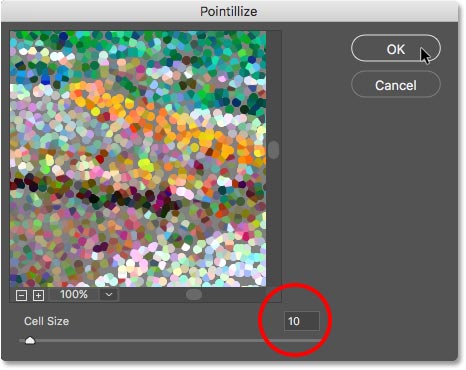 Applying the Pointillize filter a third time with an even smaller Cell Size value