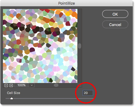 The Cell Size option in the Pointillize filter dialog box