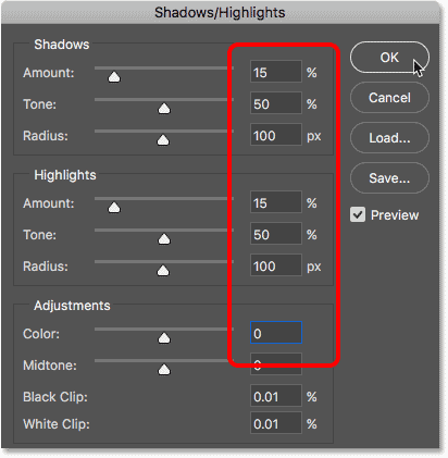 خفض التباين ولون تأثير التنقيط باستخدام Shadows / Highlights