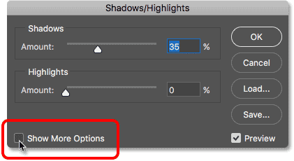 Selecting Show More Options in the Shadows/Highlights dialog box