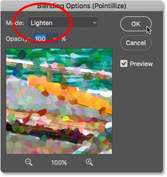 Changing the blend mode of the second Pointillize filter to Lighten