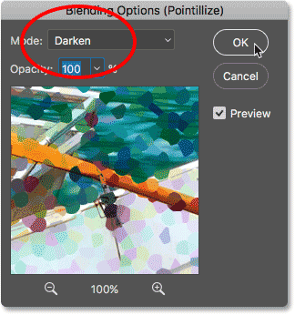 Changing the Pointillize filter's blend mode to Darken