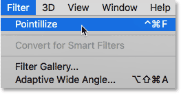 اختيار مرشح Pointillize من أعلى قائمة Filter في Photoshop