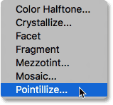 Choosing the Pointillize filter in Photoshop