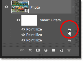 Double-clicking the Blending Options icon for the third Pointillize Smart Filter