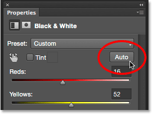 The Black and White adjustment options in the Properties panel. Image © 2015 Photoshop Essentials.com.