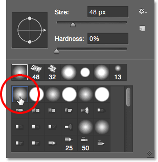 Selecting the soft round brush. Image © 2015 Photoshop Essentials.com.