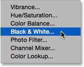 Choosing a Black amd White adjustment layer. 