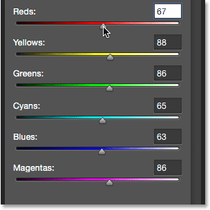 Dragging the sliders in the Properties panel. 