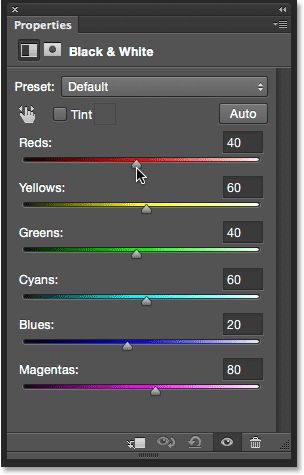 The Black and White adjustment options in the Properties panel. 