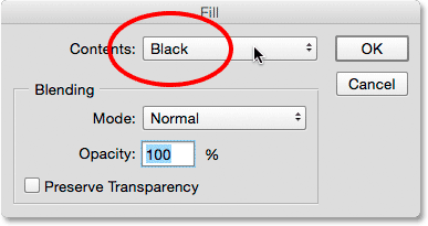 Changing the Contents option to Black in the Fill dialog box. Image © 2015 Photoshop Essentials.com.