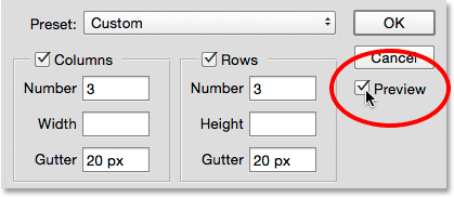 The Preview option in the New Guide Layout dialog box. Image © 2015 Photoshop Essentials.com.