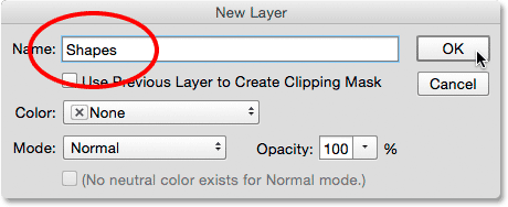 Naming the new layer Shapes in the New Layer dialog box. Image © 2015 Photoshop Essentials.com.