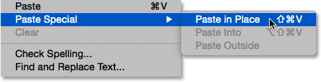 Chosing Paste in Place from under the Edit menu. Image © 2015 Photoshop Essentials.com.