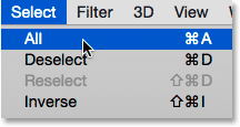 Choosing All from under the Select menu. Image © 2015 Photoshop Essentials.com.