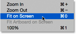 Selecting Fit on Screen from under the View menu. Image © 2015 Photoshop Essentials.com.