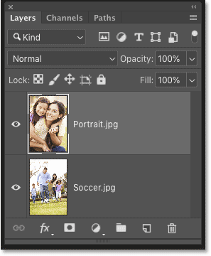 Photoshop's Layers panel showing the two images loaded as layers