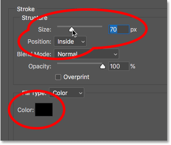 The Stroke layer effect options in Photoshop