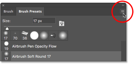 النقر فوق رمز القائمة للوحة Brush Presets. 