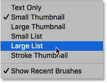 Choosing the Large List option from the Brush Presets menu. 