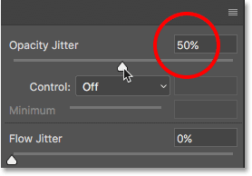 Increasing the Opacity Jitter value to 50 percent. 