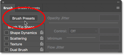 Clicking the Brush Presets button in the Brush panel. 