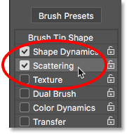 Selecting the Scattering brush control category. 