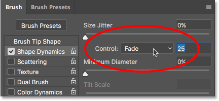 Changing the Size Control to Fade and leaving the value set to 25. 