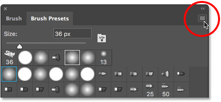 Clicking the menu icon in the Brush Presets panel. 