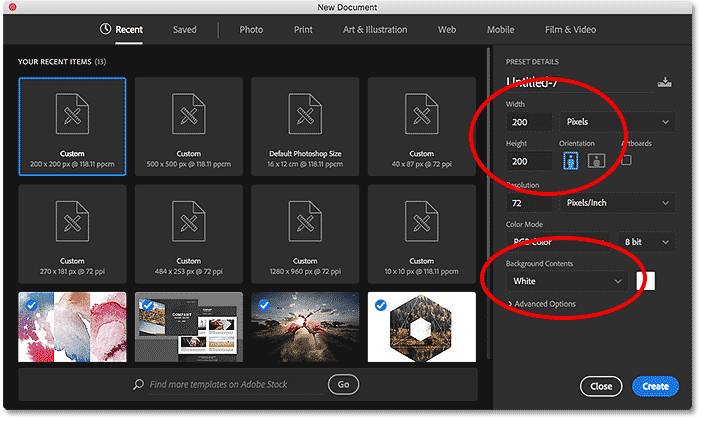 The New Document dialog box in Photoshop CC. 