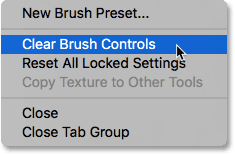 اختيار Clear Brush Controls من قائمة لوحة Brush. 